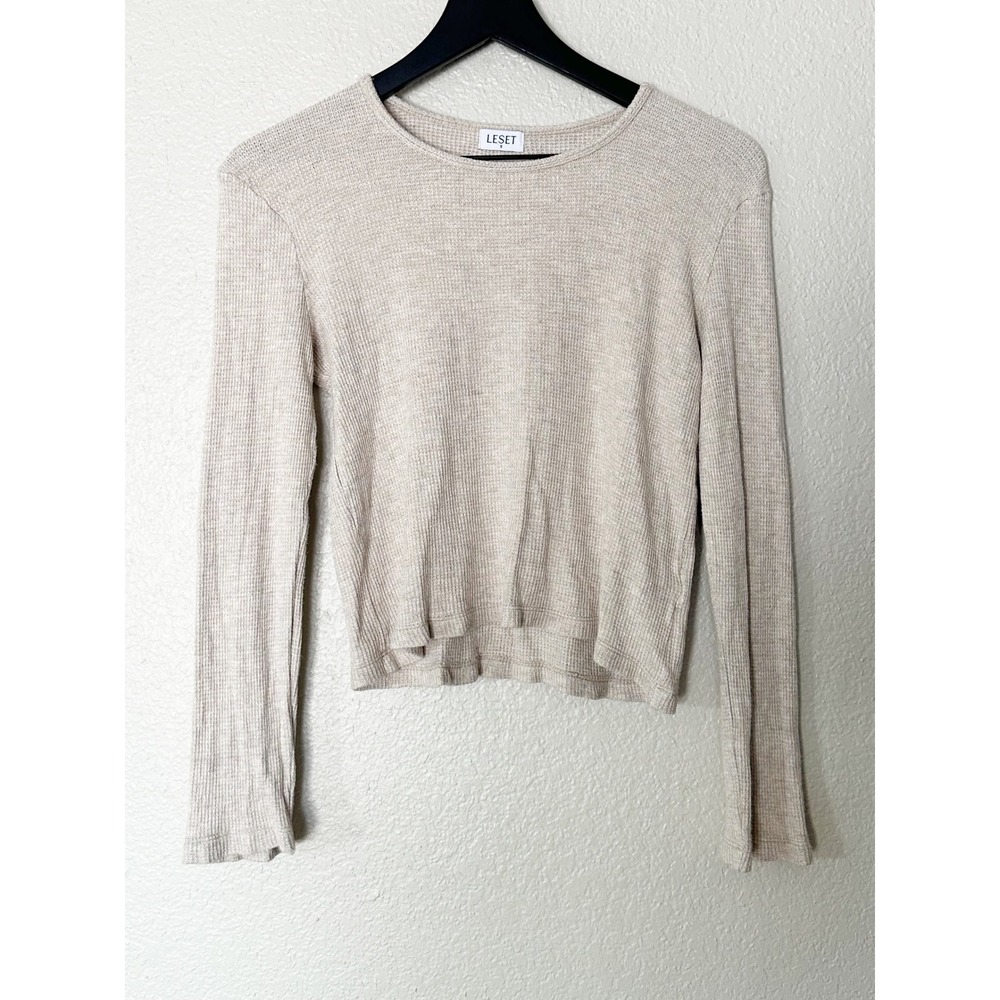 Leset Waffle Knit Lounge Set Oatmeal Beige Long Sleeve Top Wide Leg Pants Small - Picture 2 of 16